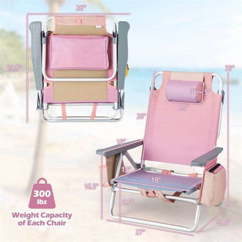 2 Pack Backpack Beach Chairs, Folding Camping Chairs 5-Position Reclining Beach Chairs with Armrests, Cooler Bag, Cup Holder, Side Pockets