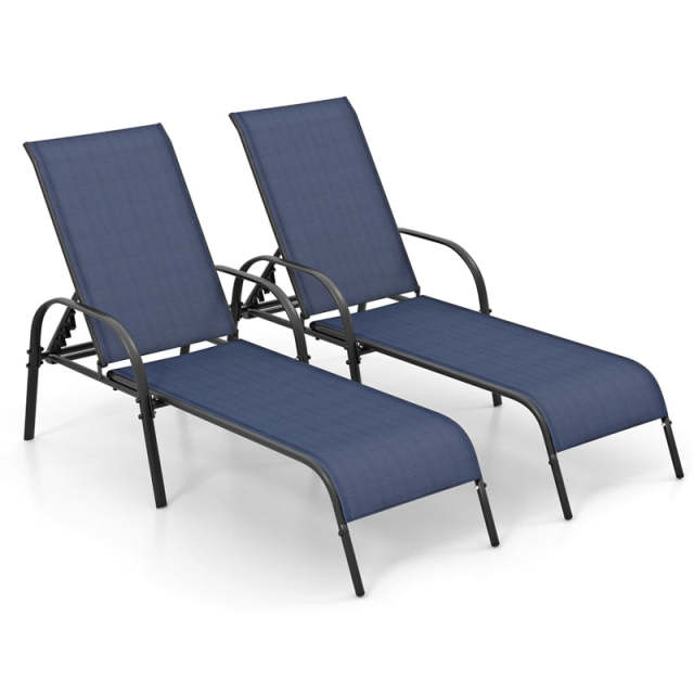2-Pack Outdoor Sling Chaise Lounge Chairs with 5-Position Adjustable Backrest, Steel Frame Patio Sun Loungers for Poolside, Yard & Balcony
