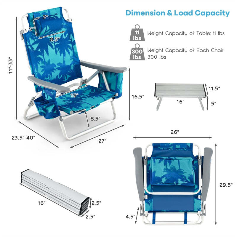 3PCS Folding Backpack Beach Chairs with Side Table, Cooler Bag, Cup Holder, 5-Position Reclining Beach Chairs for Camping Sunbathing