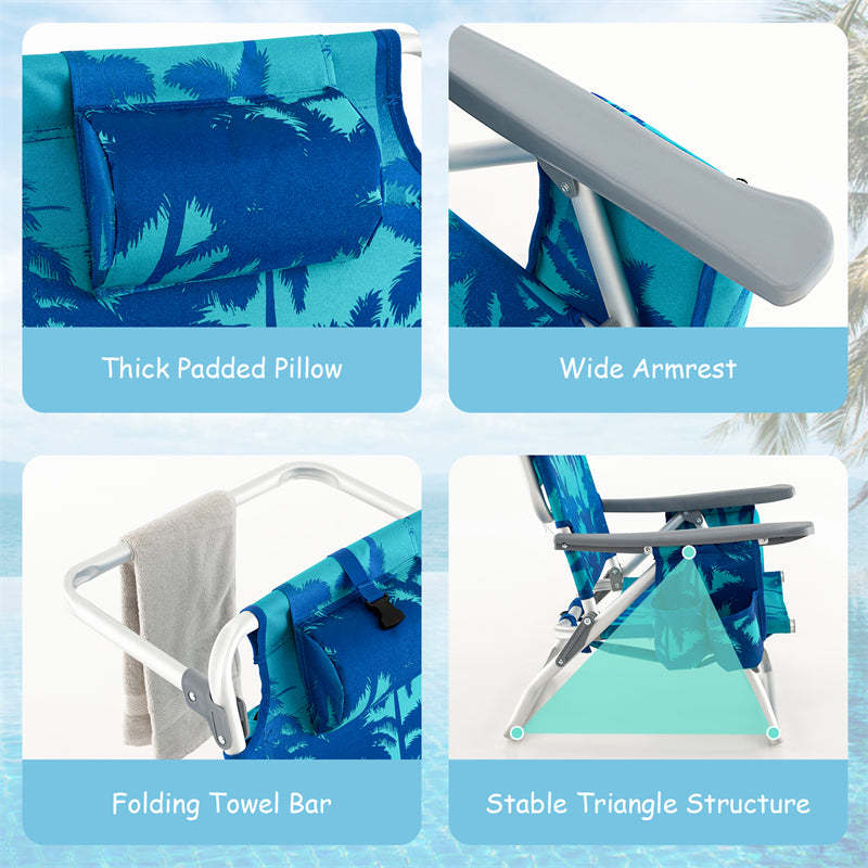 3PCS Folding Backpack Beach Chairs with Side Table, Cooler Bag, Cup Holder, 5-Position Reclining Beach Chairs for Camping Sunbathing
