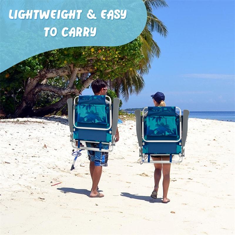 3PCS Folding Backpack Beach Chairs with Side Table, Cooler Bag, Cup Holder, 5-Position Reclining Beach Chairs for Camping Sunbathing