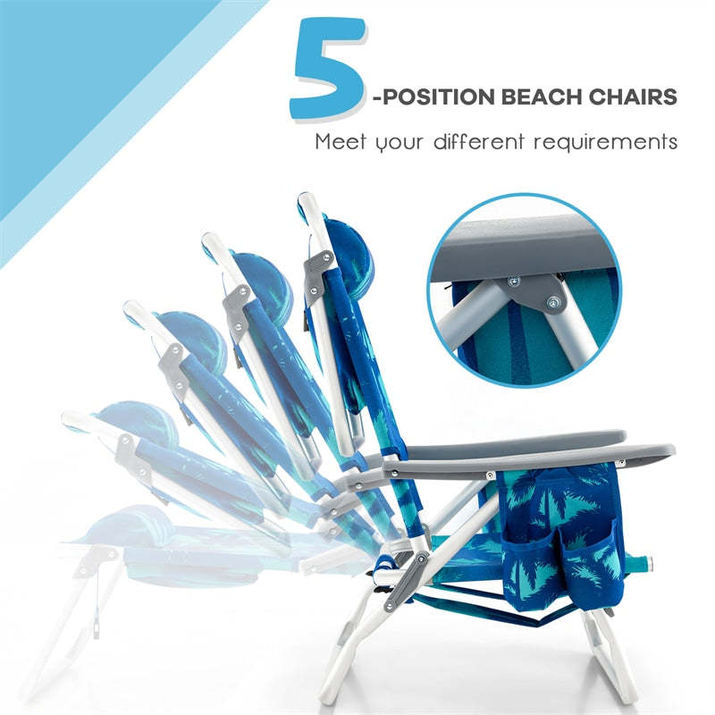 3PCS Folding Backpack Beach Chairs with Side Table, Cooler Bag, Cup Holder, 5-Position Reclining Beach Chairs for Camping Sunbathing