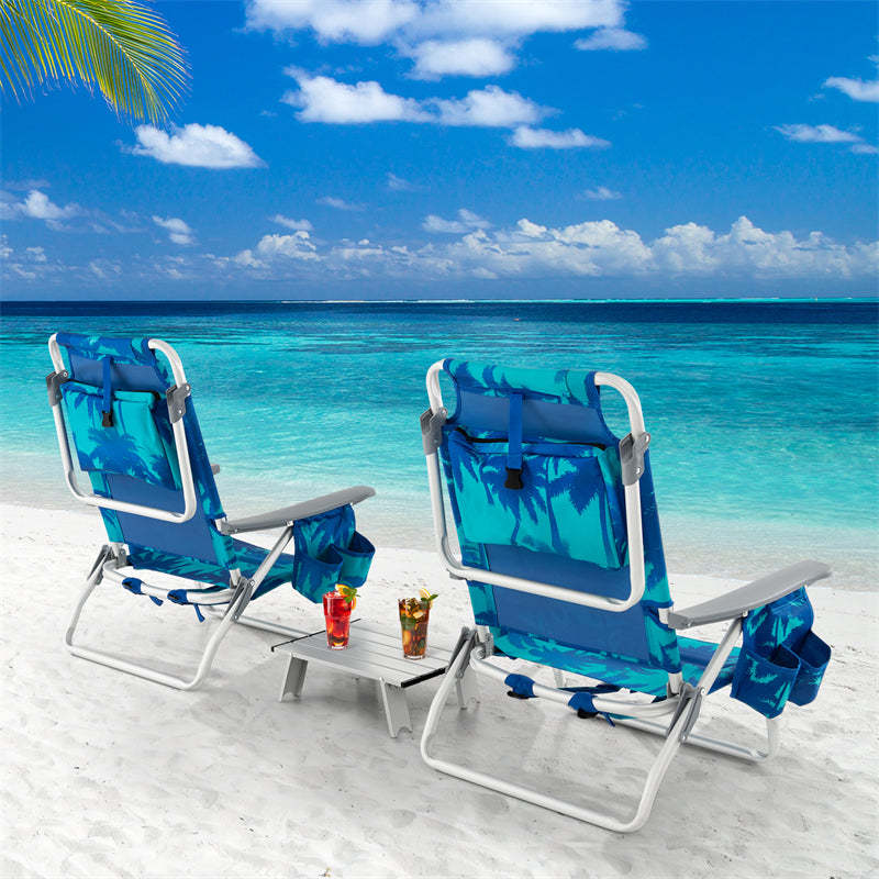 3PCS Folding Backpack Beach Chairs with Side Table, Cooler Bag, Cup Holder, 5-Position Reclining Beach Chairs for Camping Sunbathing