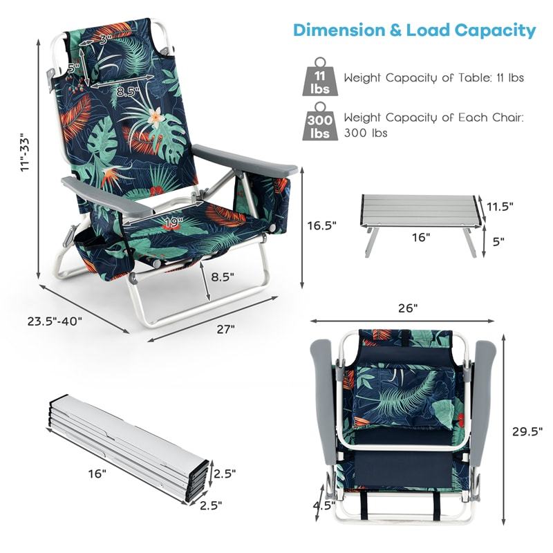 3PCS Folding Backpack Beach Chairs with Side Table, Cooler Bag, Cup Holder, 5-Position Reclining Beach Chairs for Camping Sunbathing