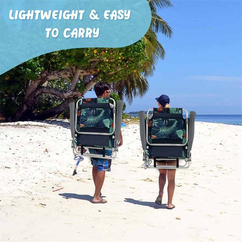 3PCS Folding Backpack Beach Chairs with Side Table, Cooler Bag, Cup Holder, 5-Position Reclining Beach Chairs for Camping Sunbathing