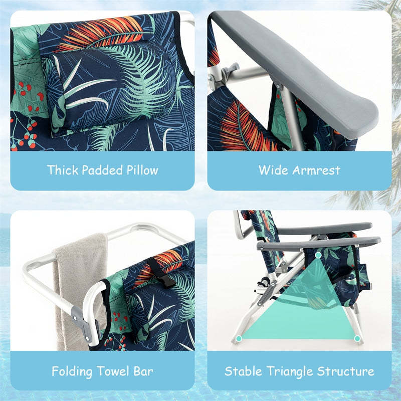 3PCS Folding Backpack Beach Chairs with Side Table, Cooler Bag, Cup Holder, 5-Position Reclining Beach Chairs for Camping Sunbathing