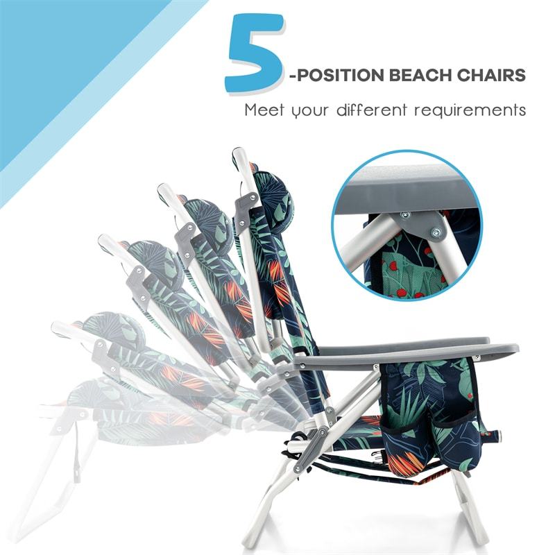 3PCS Folding Backpack Beach Chairs with Side Table, Cooler Bag, Cup Holder, 5-Position Reclining Beach Chairs for Camping Sunbathing