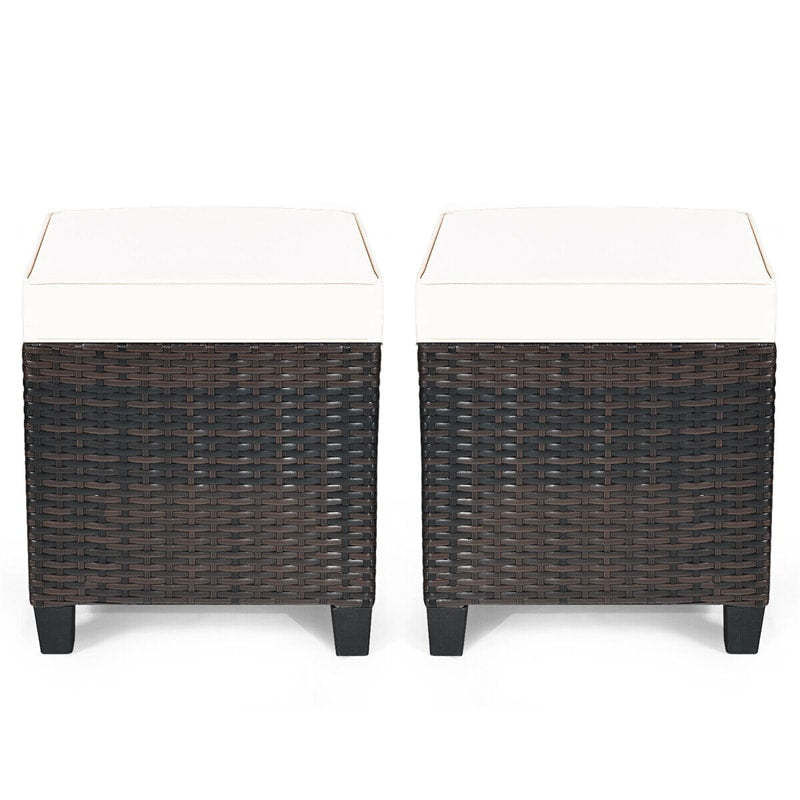 2 Pieces Rattan Patio Ottomans All Weather Outdoor Wicker Ottomans Footstools Footrests with Removable Cushions