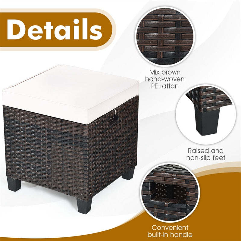 2 Pieces Rattan Patio Ottomans All Weather Outdoor Wicker Ottomans Footstools Footrests with Removable Cushions