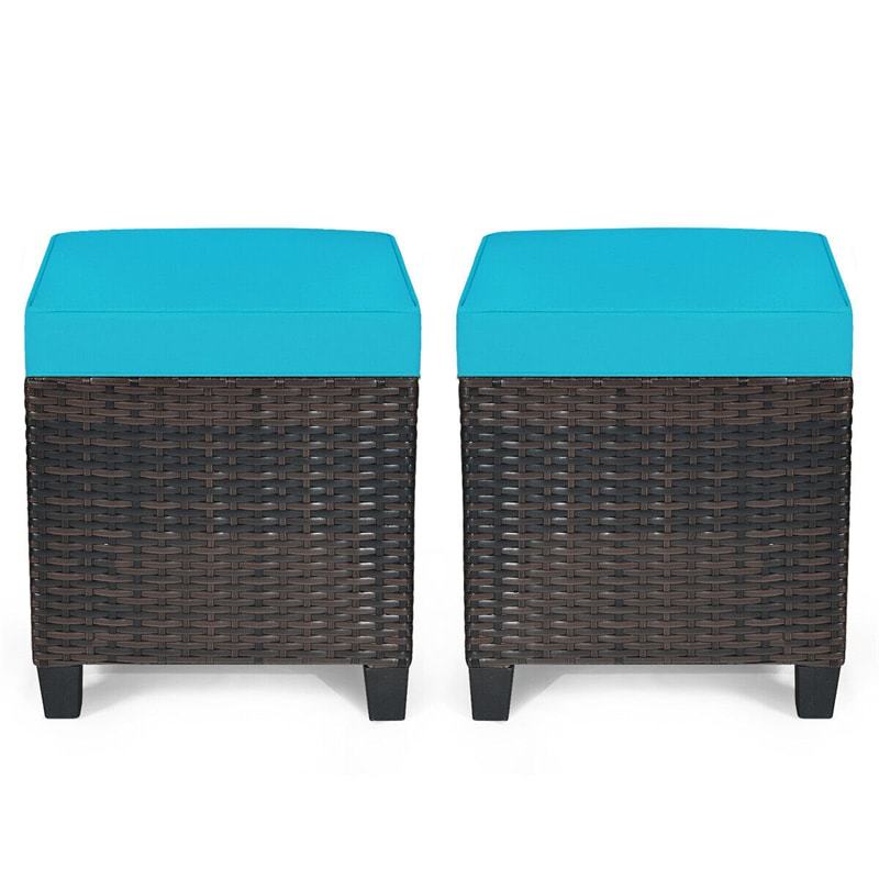2 Pieces Rattan Patio Ottomans All Weather Outdoor Wicker Ottomans Footstools Footrests with Removable Cushions
