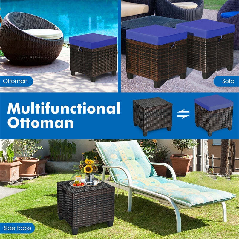 2 Pieces Rattan Patio Ottomans All Weather Outdoor Wicker Ottomans Footstools Footrests with Removable Cushions