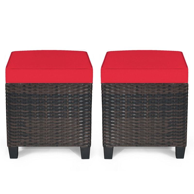 2 Pieces Rattan Patio Ottomans All Weather Outdoor Wicker Ottomans Footstools Footrests with Removable Cushions