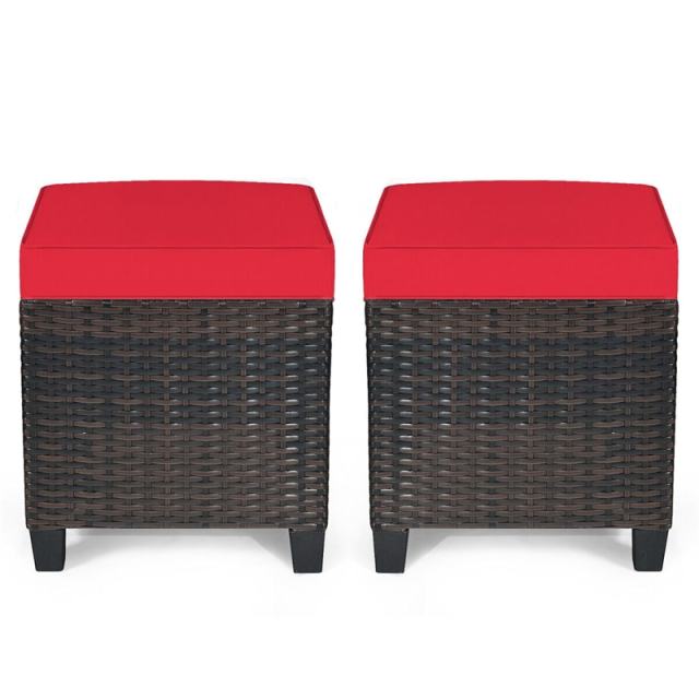 2 Pieces Rattan Patio Ottomans All Weather Outdoor Wicker Ottomans Footstools Footrests with Removable Cushions