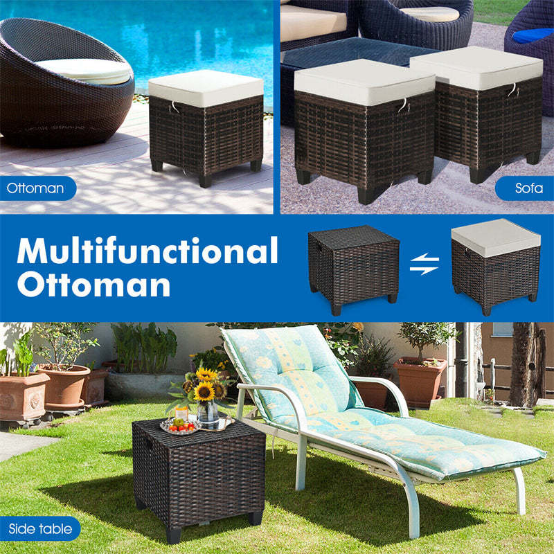 2 Pieces Rattan Patio Ottomans All Weather Outdoor Wicker Ottomans Footstools Footrests with Removable Cushions