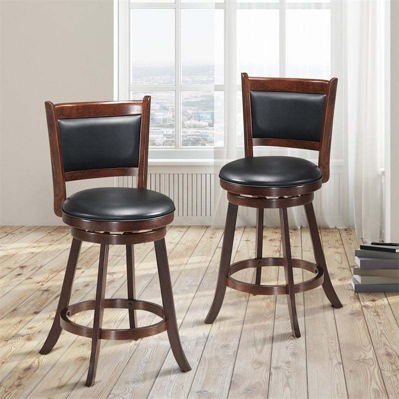 Swivel Bar Stool Set of 2, Rubber Wood 24" Counter Height Bar Stools with PVC Leather Cushioned Seat & Back for Kitchen Island, Pub, Restaurant