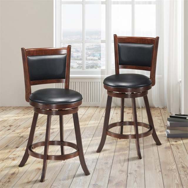 Swivel Bar Stool Set of 2, Rubber Wood 24" Counter Height Bar Stools with PVC Leather Cushioned Seat & Back for Kitchen Island, Pub, Restaurant