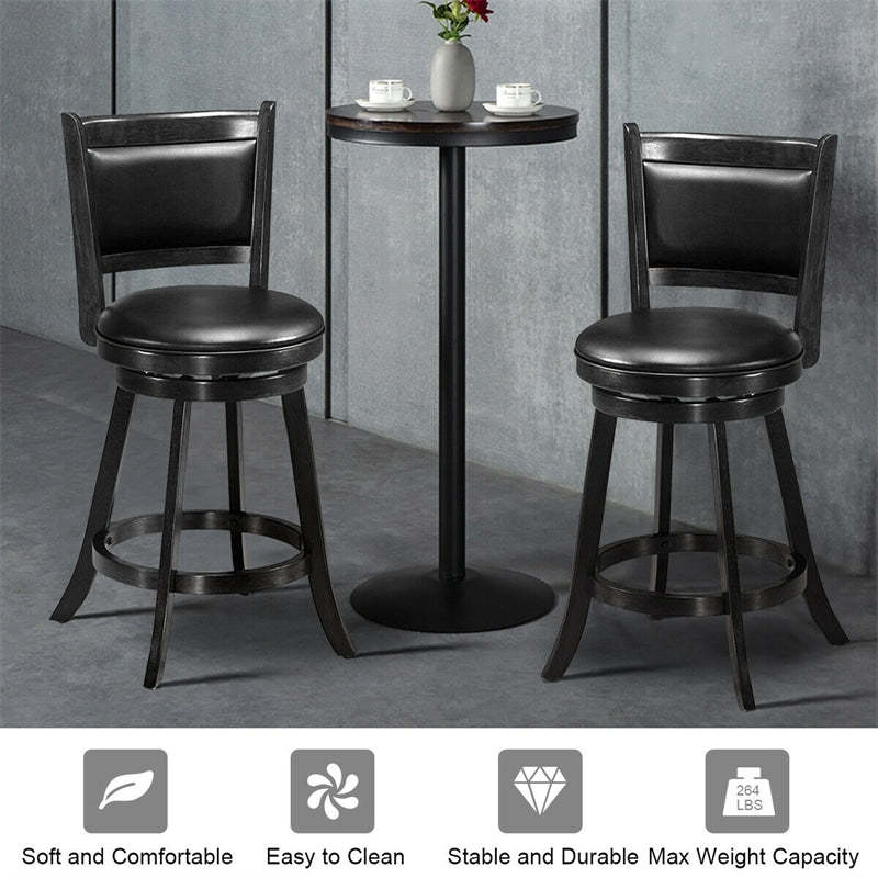 Swivel Bar Stool Set of 2, Rubber Wood 24" Counter Height Bar Stools with PVC Leather Cushioned Seat & Back for Kitchen Island, Pub, Restaurant
