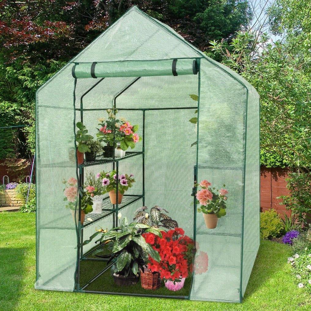 Portable Walk-in Greenhouse 3-tier Durable PE Cover Outdoor Indoor Mini Greenhouse with Roll-up Zipper Door & 12 Shelves Stands