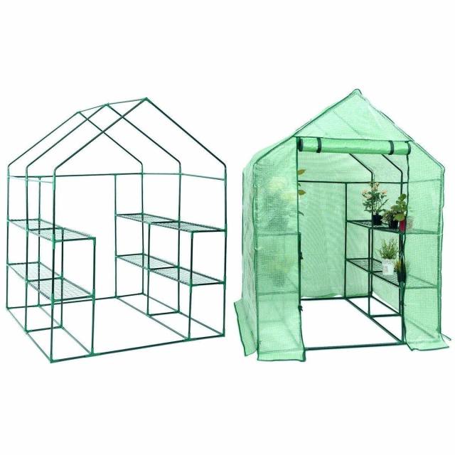 Portable Walk-in Greenhouse 3-tier Durable PE Cover Outdoor Indoor Mini Greenhouse with Roll-up Zipper Door & 12 Shelves Stands