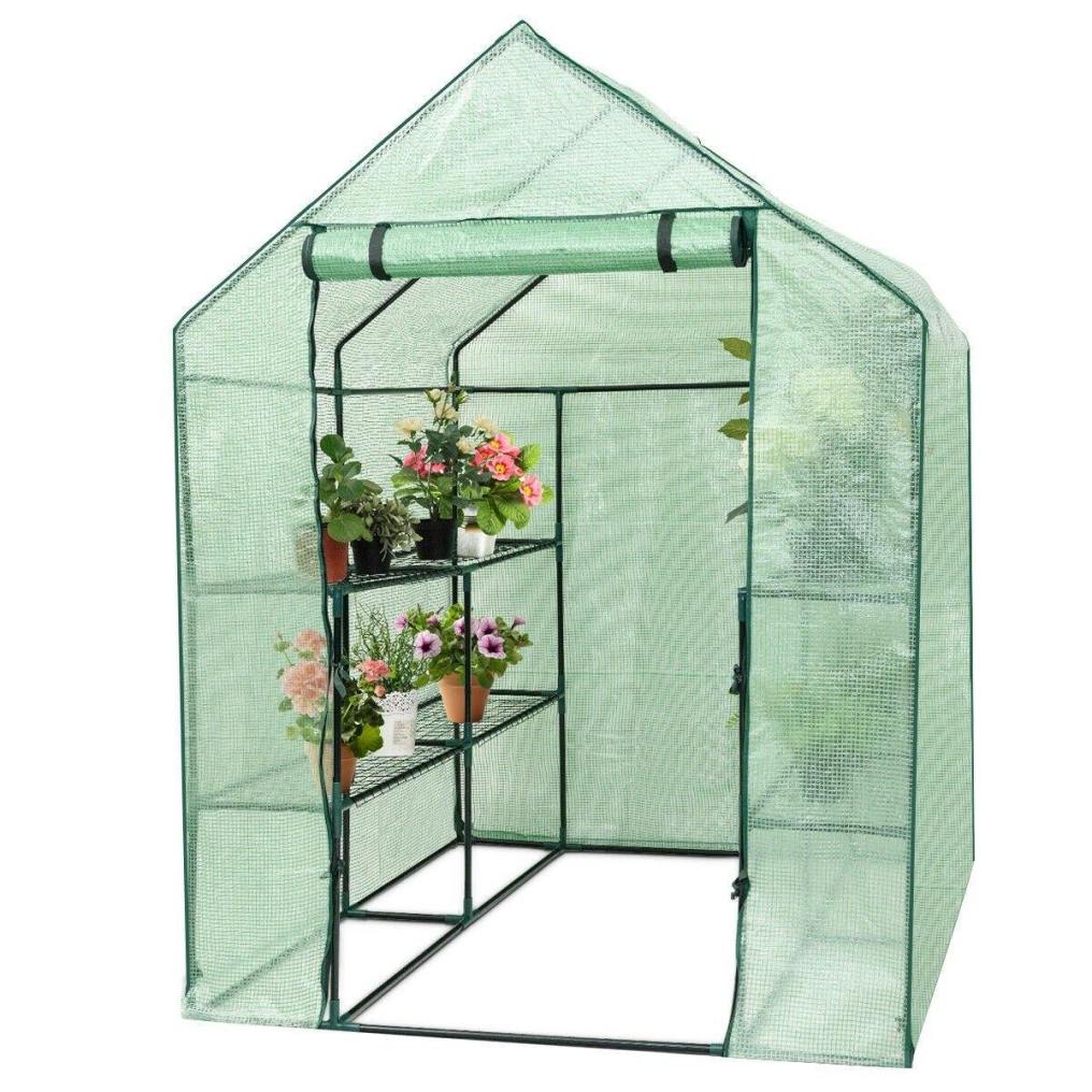 Portable Walk-in Greenhouse 3-tier Durable PE Cover Outdoor Indoor Mini Greenhouse with Roll-up Zipper Door & 12 Shelves Stands