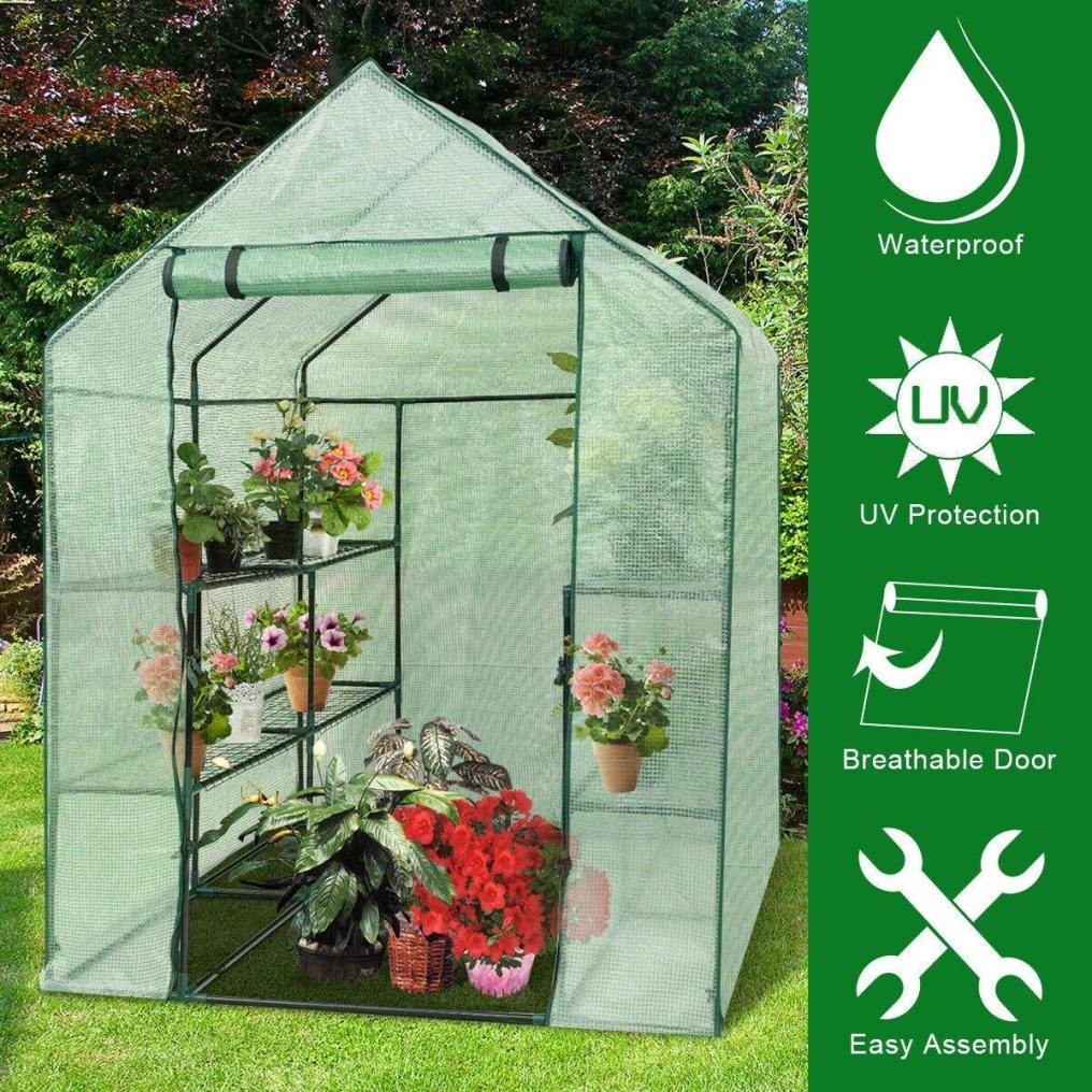 Portable Walk-in Greenhouse 3-tier Durable PE Cover Outdoor Indoor Mini Greenhouse with Roll-up Zipper Door & 12 Shelves Stands
