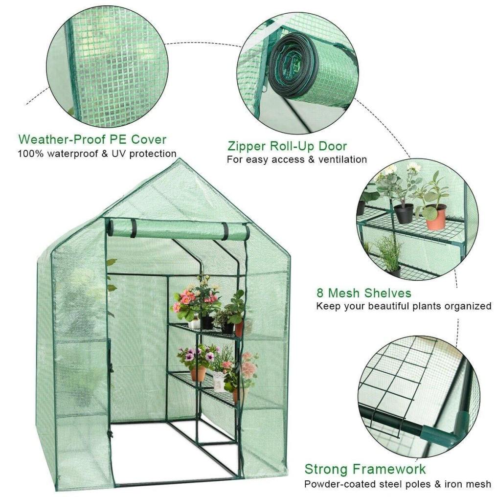 Portable Walk-in Greenhouse 3-tier Durable PE Cover Outdoor Indoor Mini Greenhouse with Roll-up Zipper Door & 12 Shelves Stands