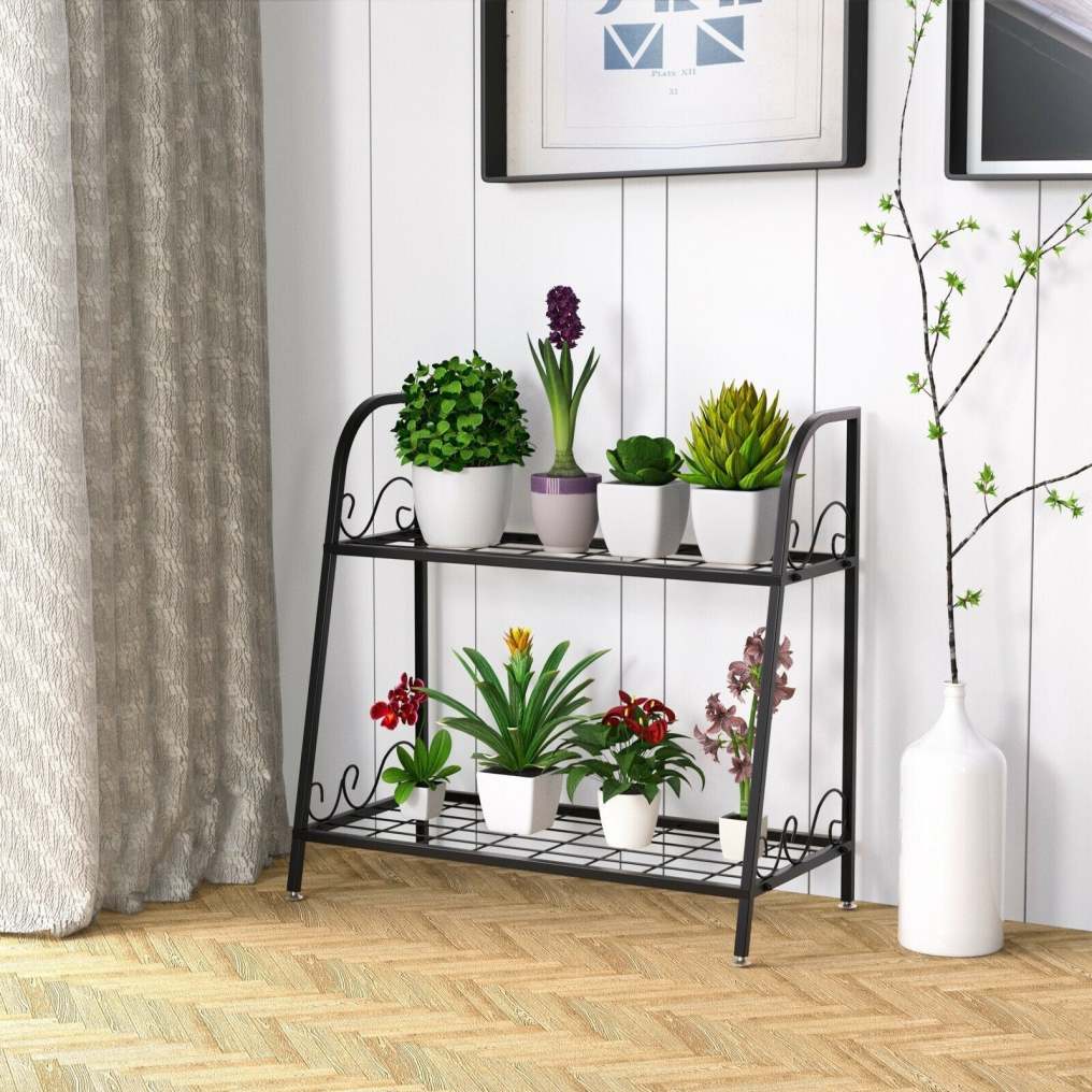 2-Tier Metal Plant Stand, Indoor/Outdoor Flower Pot Holder with Adjustable Feet, Display Shelf for Garden, Balcony, Living Room