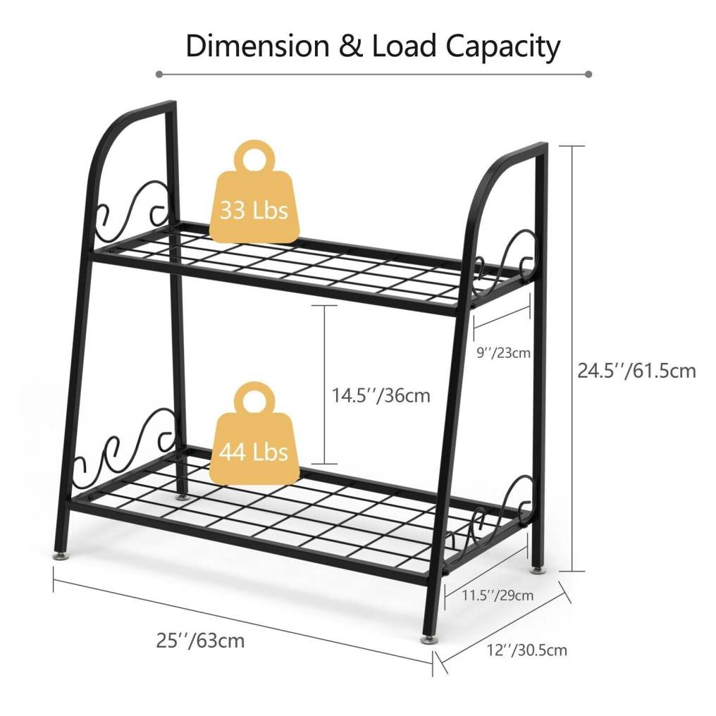 2-Tier Metal Plant Stand, Indoor/Outdoor Flower Pot Holder with Adjustable Feet, Display Shelf for Garden, Balcony, Living Room