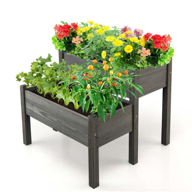 2-Tier Raised Garden Bed, Fir Wood Elevated Planter Box with Legs, Drainage Holes, 220LBS Capacity for Vegetables Herbs Flowers, Outdoor Patio