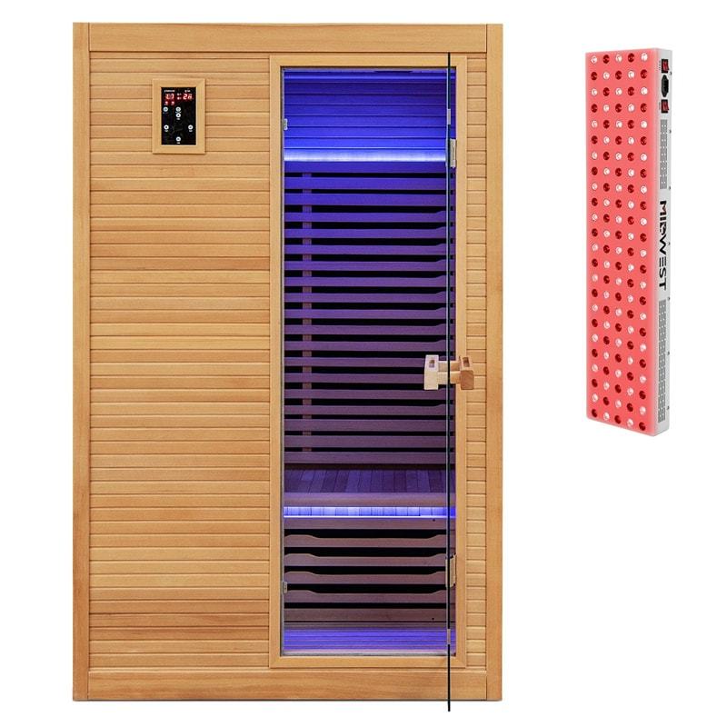 2 People Far Infrared Wooden Sauna Room Canadian Hemlock Indoor Sauna for Home with 660nm/880nm Red Light Therapy Panel & Bluetooth Speakers