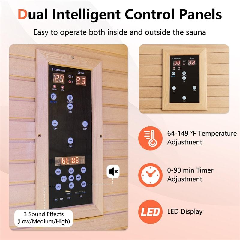 2 People Far Infrared Wooden Sauna Room Canadian Hemlock Indoor Sauna for Home with 660nm/880nm Red Light Therapy Panel & Bluetooth Speakers