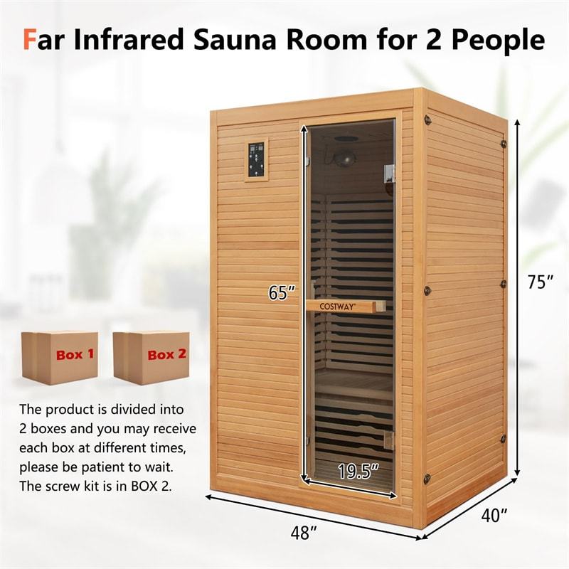 2 People Far Infrared Wooden Sauna Room Canadian Hemlock Indoor Sauna for Home with 660nm/880nm Red Light Therapy Panel & Bluetooth Speakers
