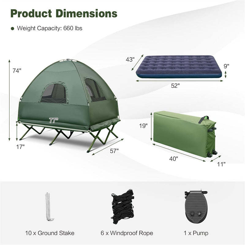 5-in-1 Camping Tent Cot, 2-Person Folding Elevated Tent with Awning, Air Mattress, Sleeping Bag & Roller Bag, Off The Ground Tent for Hiking Travel