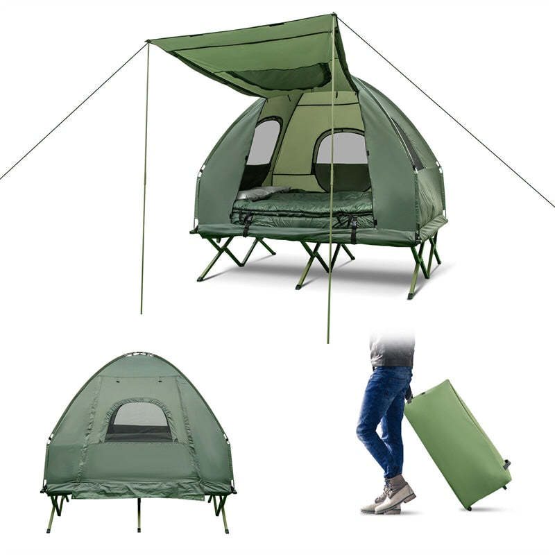 5-in-1 Camping Tent Cot, 2-Person Folding Elevated Tent with Awning, Air Mattress, Sleeping Bag & Roller Bag, Off The Ground Tent for Hiking Travel