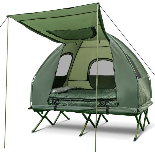 5-in-1 Camping Tent Cot, 2-Person Folding Elevated Tent with Awning, Air Mattress, Sleeping Bag & Roller Bag, Off The Ground Tent for Hiking Travel