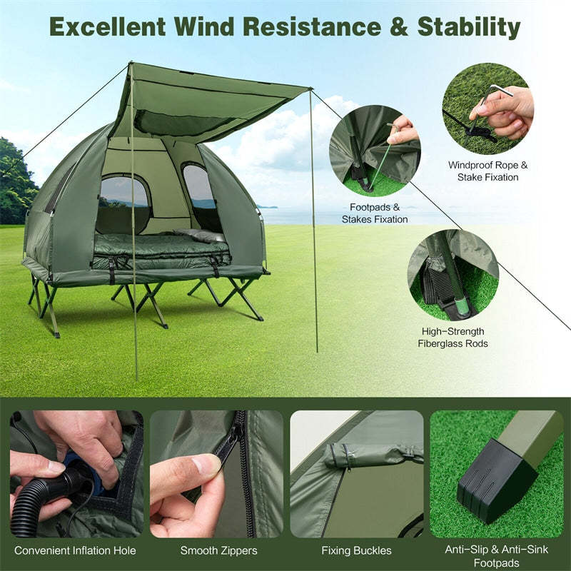 5-in-1 Camping Tent Cot, 2-Person Folding Elevated Tent with Awning, Air Mattress, Sleeping Bag & Roller Bag, Off The Ground Tent for Hiking Travel