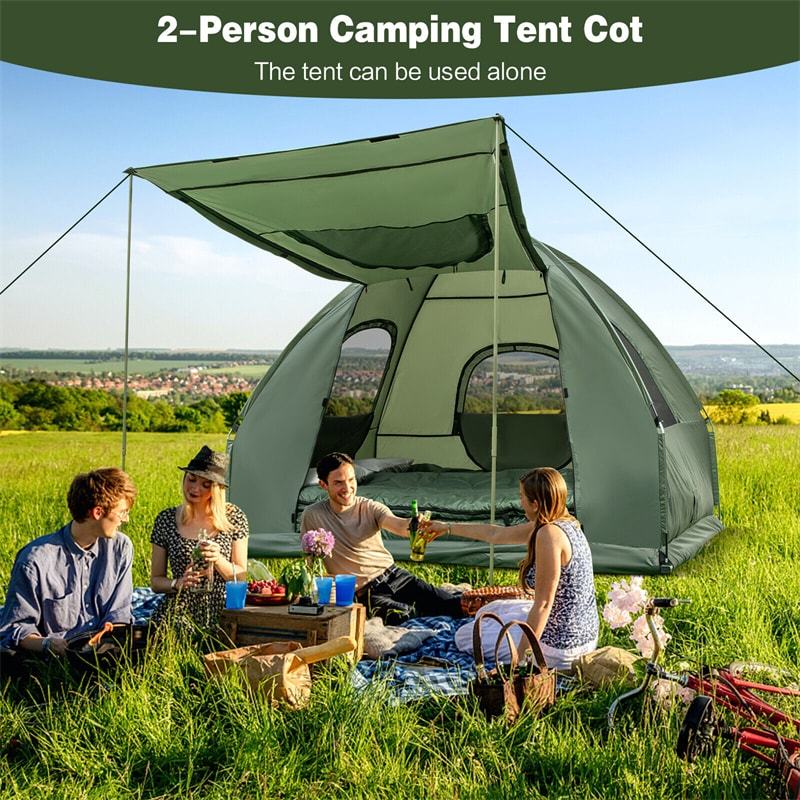 5-in-1 Camping Tent Cot, 2-Person Folding Elevated Tent with Awning, Air Mattress, Sleeping Bag & Roller Bag, Off The Ground Tent for Hiking Travel