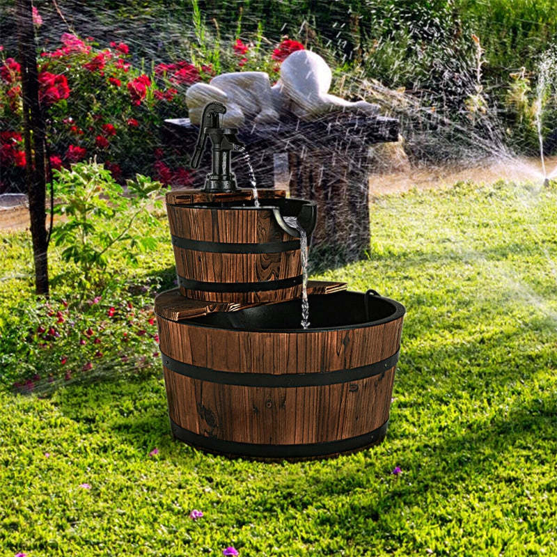 2-Tier Rustic Wood Barrel Water Fountain with Electric Pump, Outdoor Barrel Waterfall Feature with Decorative Hand for Garden, Patio & Backyard