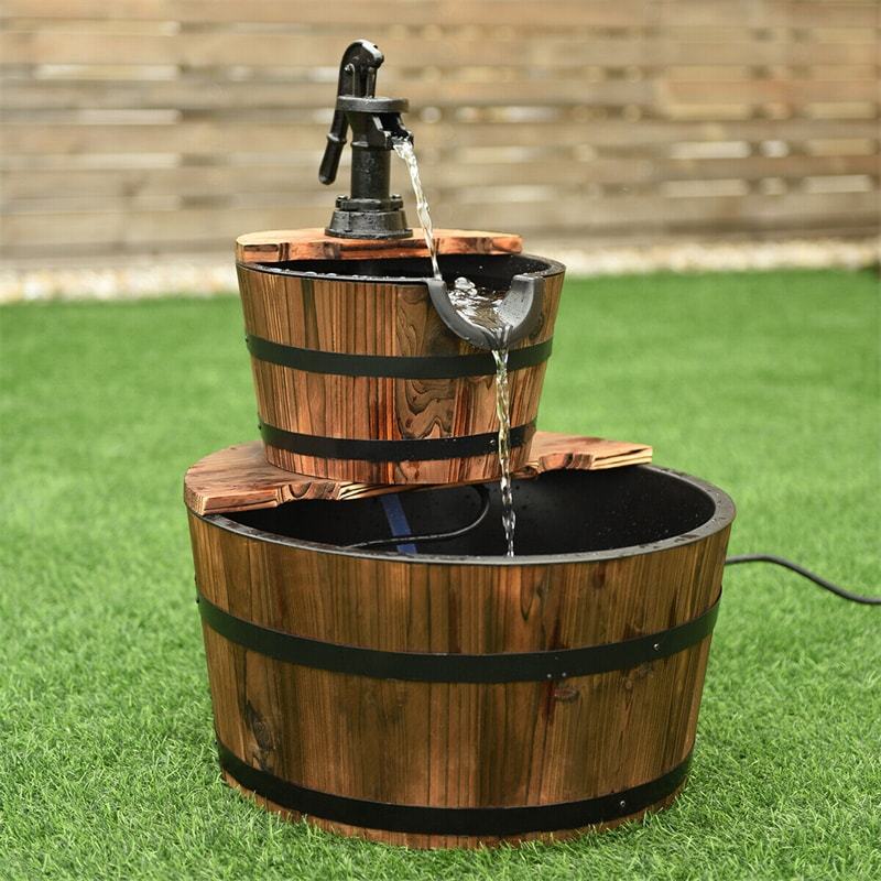 2-Tier Rustic Wood Barrel Water Fountain with Electric Pump, Outdoor Barrel Waterfall Feature with Decorative Hand for Garden, Patio & Backyard