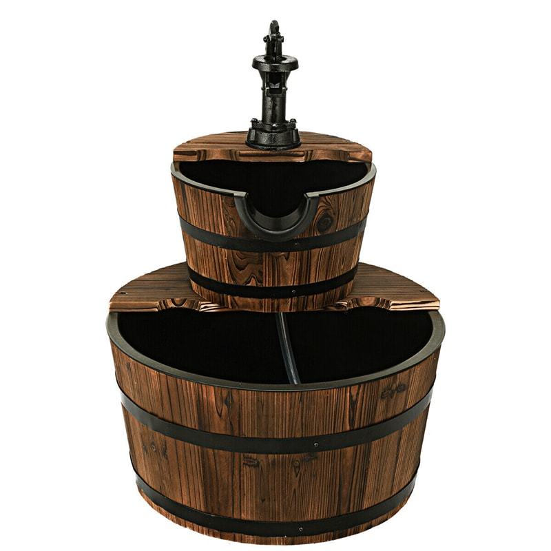 2-Tier Rustic Wood Barrel Water Fountain with Electric Pump, Outdoor Barrel Waterfall Feature with Decorative Hand for Garden, Patio & Backyard