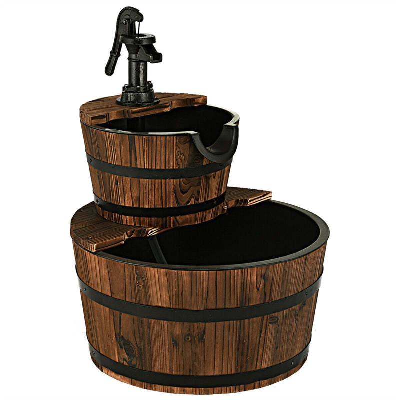 2-Tier Rustic Wood Barrel Water Fountain with Electric Pump, Outdoor Barrel Waterfall Feature with Decorative Hand for Garden, Patio & Backyard