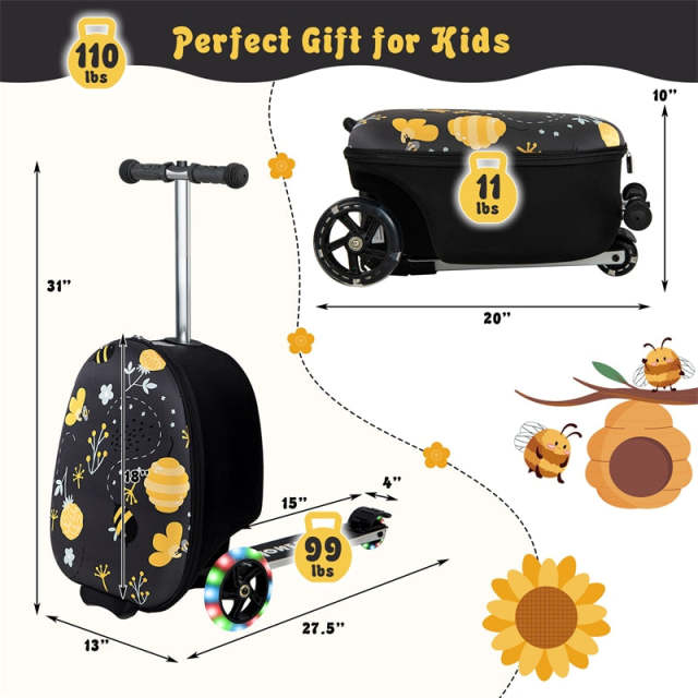 2-in-1 Hardshell Ride on Scooter Suitcase Kids Folding Scooter Luggage with Lighted Wheels & Retractable Handle