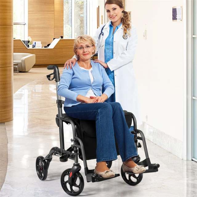 2-in-1 Folding Rollator Walker with Seat for Seniors, Aluminum Medical Walker Transport Chair Combo with 8" Wheels, Adjustable Handle & Backrest
