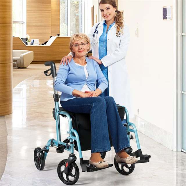 2-in-1 Folding Rollator Walker with Seat for Seniors, Aluminum Medical Walker Transport Chair Combo with 8" Wheels, Adjustable Handle & Backrest