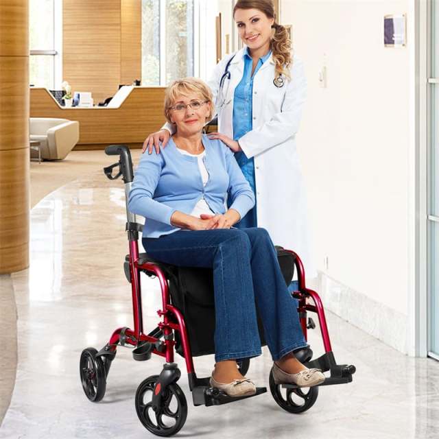 2-in-1 Folding Rollator Walker with Seat for Seniors, Aluminum Medical Walker Transport Chair Combo with 8" Wheels, Adjustable Handle & Backrest