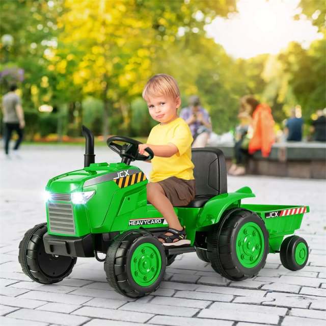 2-in-1 Kids Ride On Tractor with Detachable Trailer, 12V Electric Toy Car with Remote Control & LED Lights, Toddler Tractor for 3-8 Years