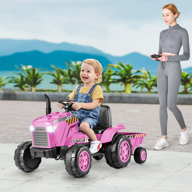 2-in-1 Kids Ride On Tractor with Detachable Trailer, 12V Electric Toy Car with Remote Control & LED Lights, Toddler Tractor for 3-8 Years