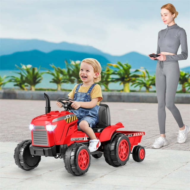 2-in-1 Kids Ride On Tractor with Detachable Trailer, 12V Electric Toy Car with Remote Control & LED Lights, Toddler Tractor for 3-8 Years