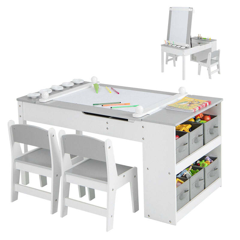 3-in-1 Kids Table & Chair Set, Wood Art Table & Easel with 2 Chairs, 6 Storage Bins, Paper Roller & Paint Cups, Toddler Crafts Table Chair Set