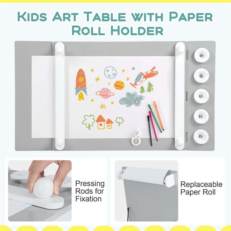 3-in-1 Kids Table & Chair Set, Wood Art Table & Easel with 2 Chairs, 6 Storage Bins, Paper Roller & Paint Cups, Toddler Crafts Table Chair Set